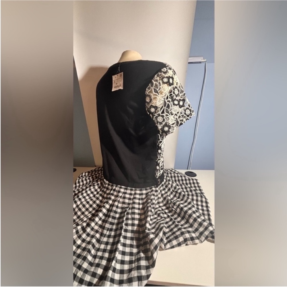 NWT Zara Trafaluc black and white floral lace top and gingham plaid skirt dress - Picture 3 of 6